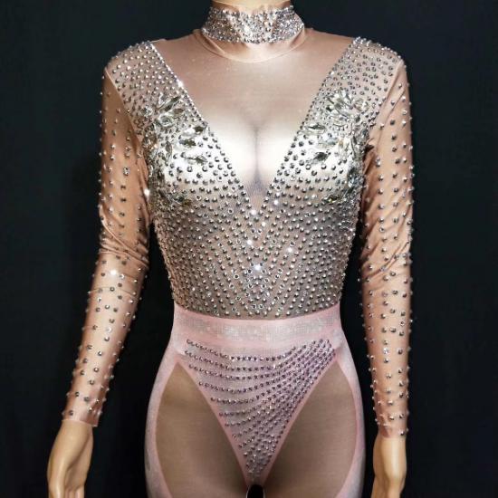 Nude And Pink Rhinestone Bodysuit Costumes Raywigs
