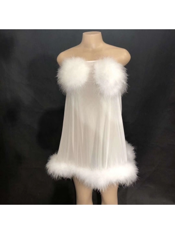 White Fuzzy Ball Tube Top Dress - Costumes - Raywigs