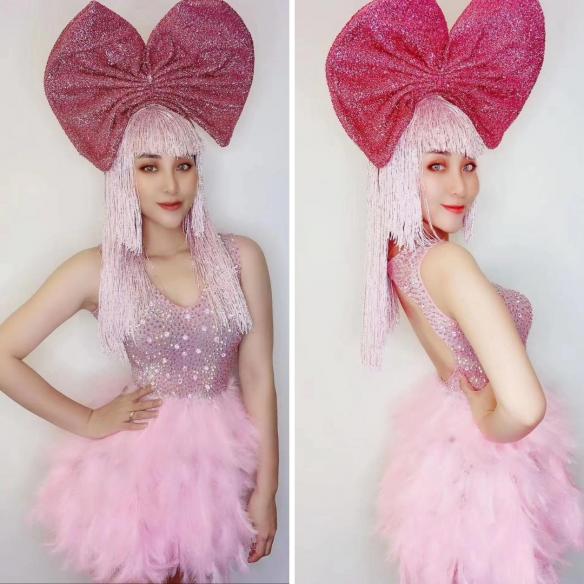 Pink Rhinestone Sequin Feather Dress