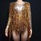 Golden Rhinestones Long Fringe Rave Leotard