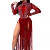 Red Sequin Fringe See Through Dance Dress