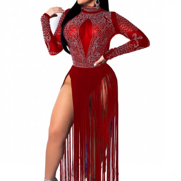Red Sequin Fringe See Through Dance Dress