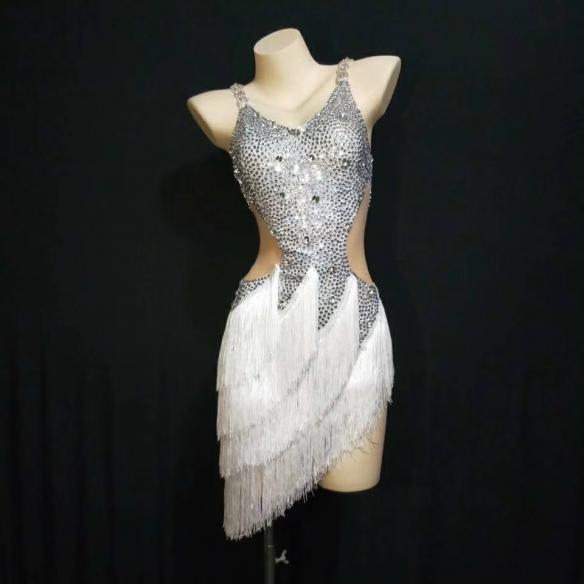 White Rhinestones Fringe Slip Dress