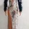 Custom sequin & feather long dress