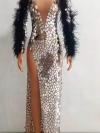 Custom sequin & feather long dress