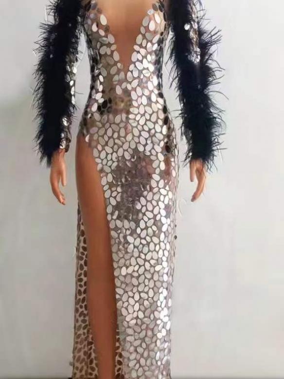 Custom sequin & feather long dress