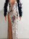 Custom sequin & feather long dress