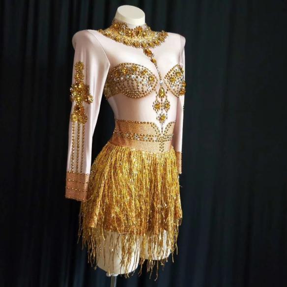 Gold Rhinestone Tassel Dress