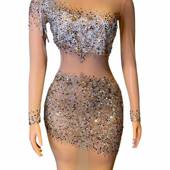 Black & nude color rhinestone mesh dress