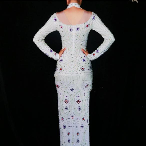 White Rhinestones Pearl Maxi Dress