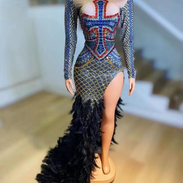 Full rhinestone feather fishtail dress