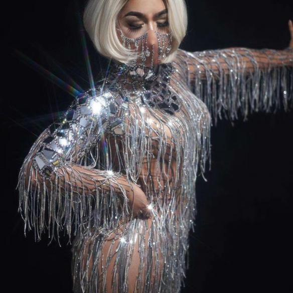 Sparkly Silver Rhinestones Tasseled Bodysuit