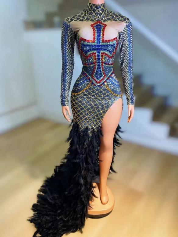 Full rhinestone feather fishtail dress