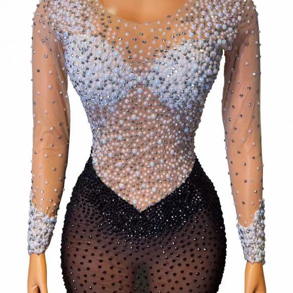 Black Rhinestone & pearl Trailing Dress