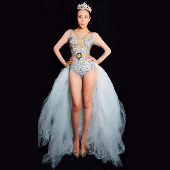 White Rhinestone Tailing Dress