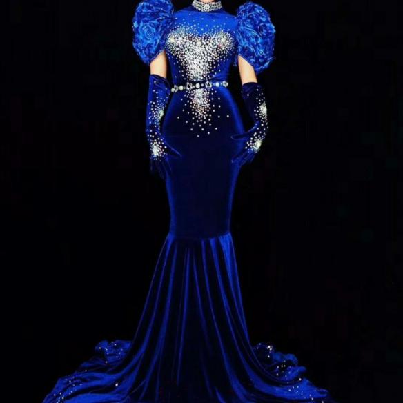 Blue Puff Sleeves Rhinestones Maxi Dress