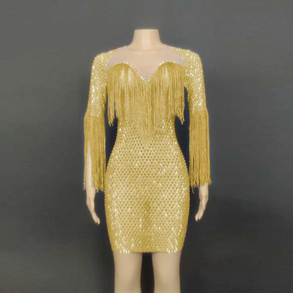 Purple Rhinestone Tassel Dress