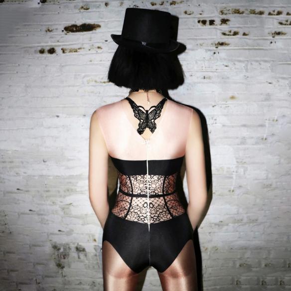 Skincolor Black Laciness Bodysuit