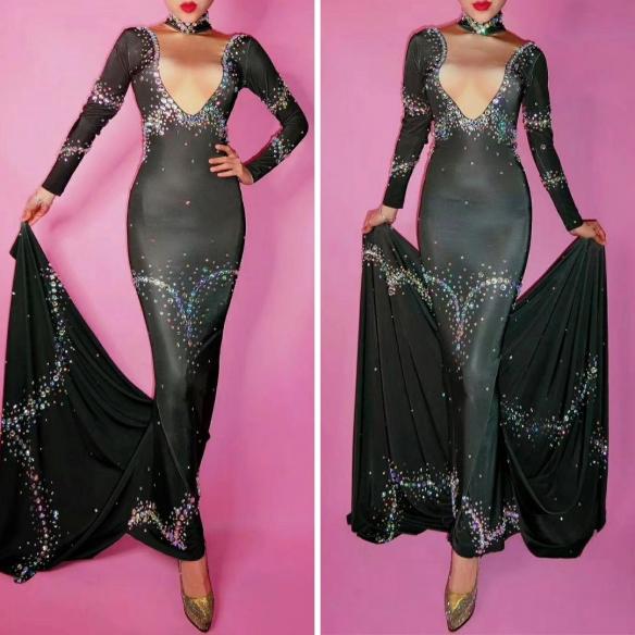 Black Rhinestone Tail Dress