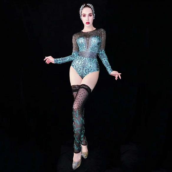 Light Blue Bodysuit With Black Rhinestones