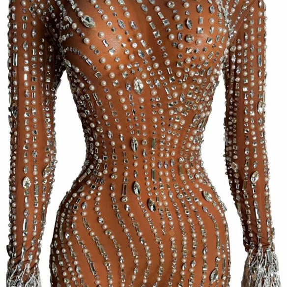 Long-sleeve Fringed Beaded Maxi Dress