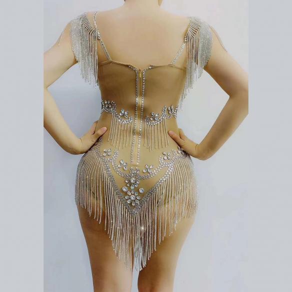 Silver Tassel Rhinestone Slip Dress