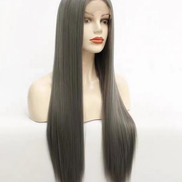 Long grey synthetic lace front drag wig