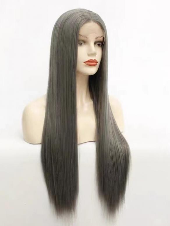 Long grey synthetic lace front drag wig
