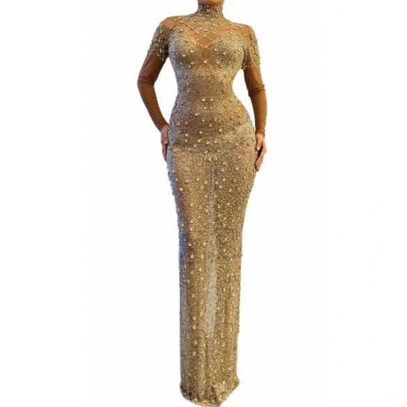Gold Rhinestones Transparent Long Dress
