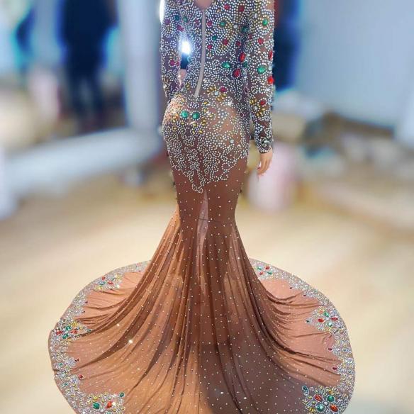 Customized shiny rhinestone trailing dress