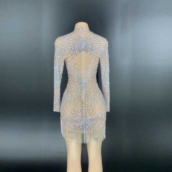 Rhinestone and Pearl High Split Short Dress 