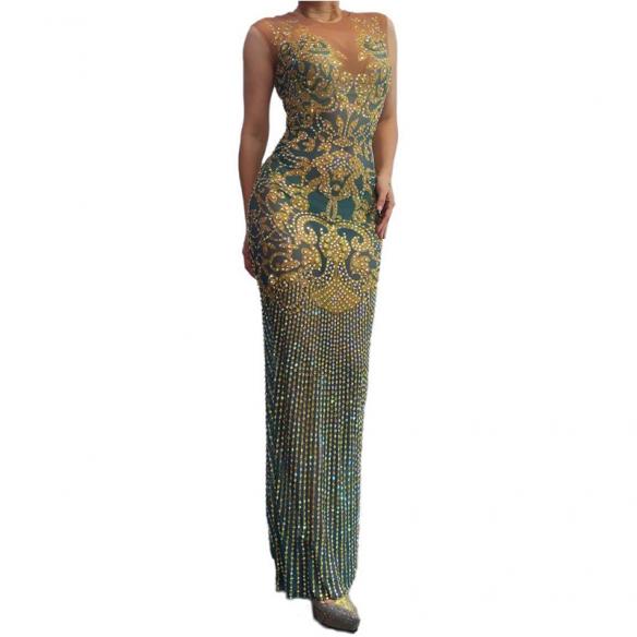 Blackish Green Rhinestoned Long Dress