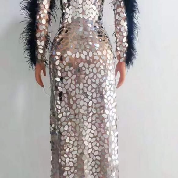 Custom sequin & feather long dress