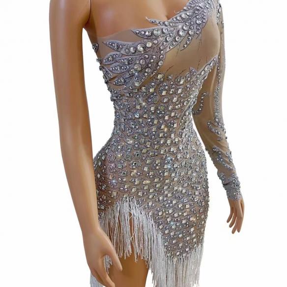 Fringed One-sleeve Rhinestone Dress