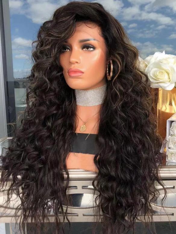 Natural black curly synthetic lace front wig