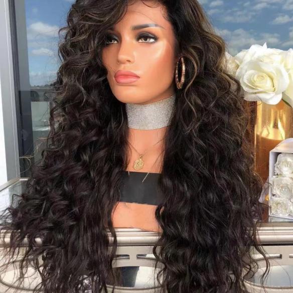 Natural black curly synthetic lace front wig