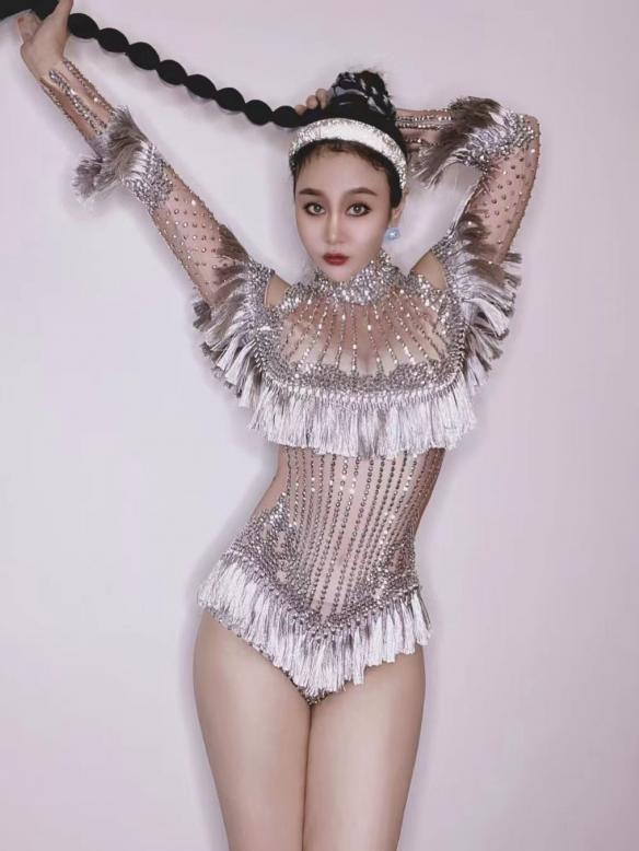 Lotus pink tassel rhinestone leotard