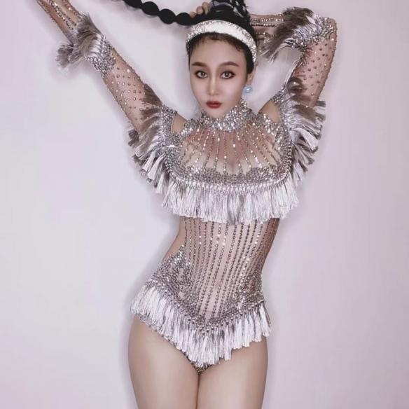 Lotus pink tassel rhinestone leotard