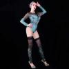 Light Blue Bodysuit With Black Rhinestones