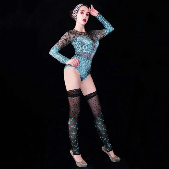 Light Blue Bodysuit With Black Rhinestones