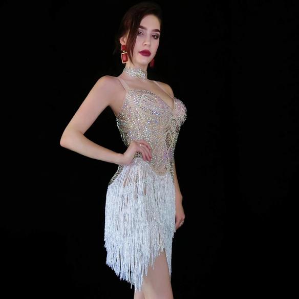 Sparkly Multi-color Rhinestones Fringed Braces Skirt