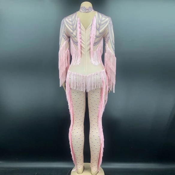 Pink Bead Print Tassel Bodysuit