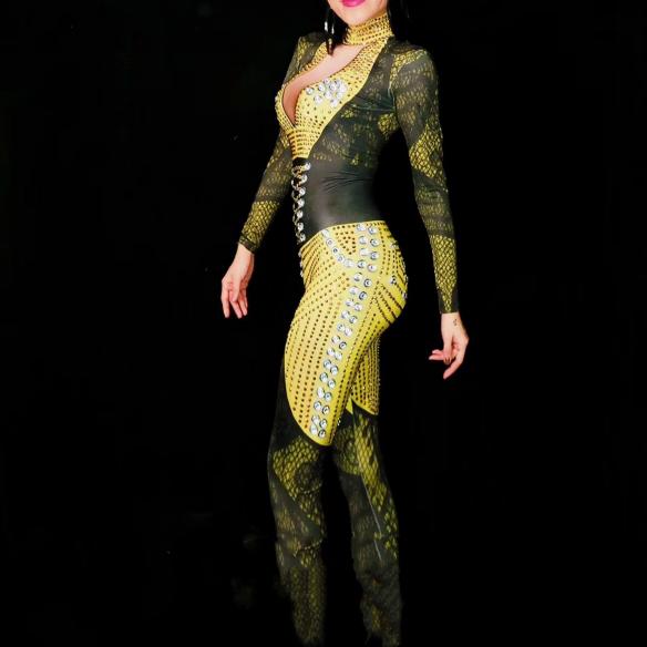 Green Mix Yellow Rhinestone Bodysuit