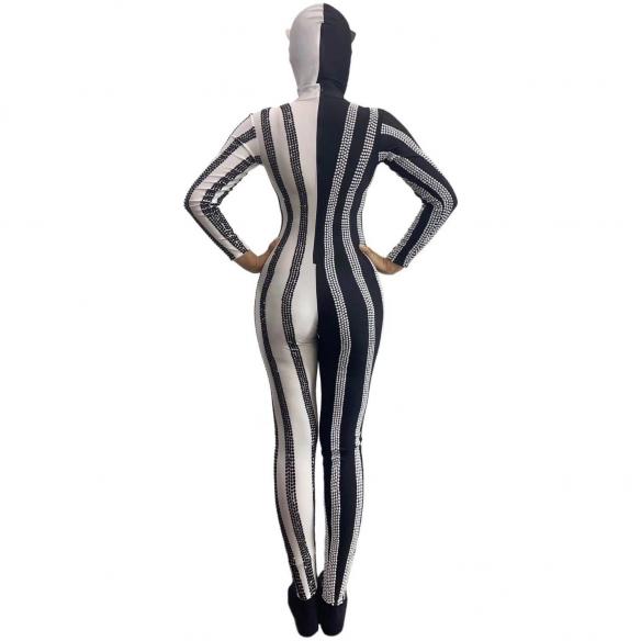 Half Black and Half White Rhinestone Cat Bodysuit