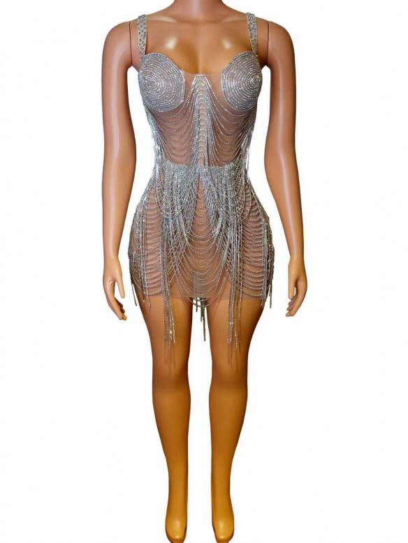 Silver rhinestone body chain dress