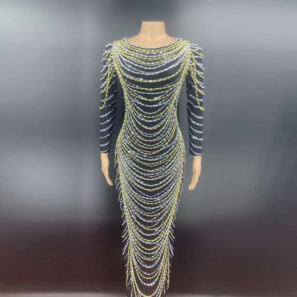 Gold and Silver String of Beads Black Dress
