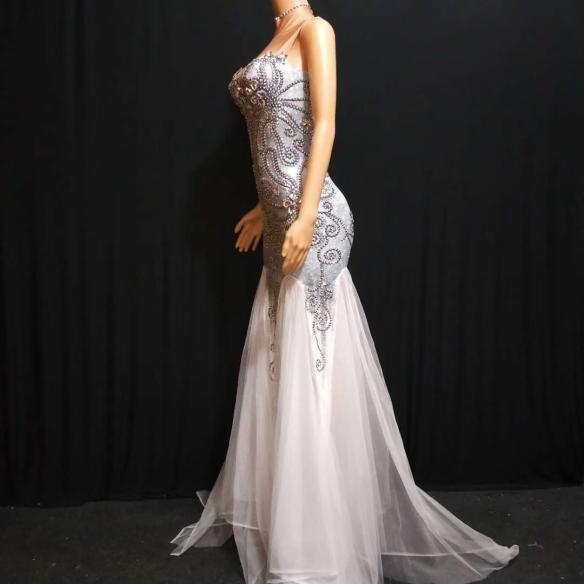 Grey Rhinestone Trailing Dress