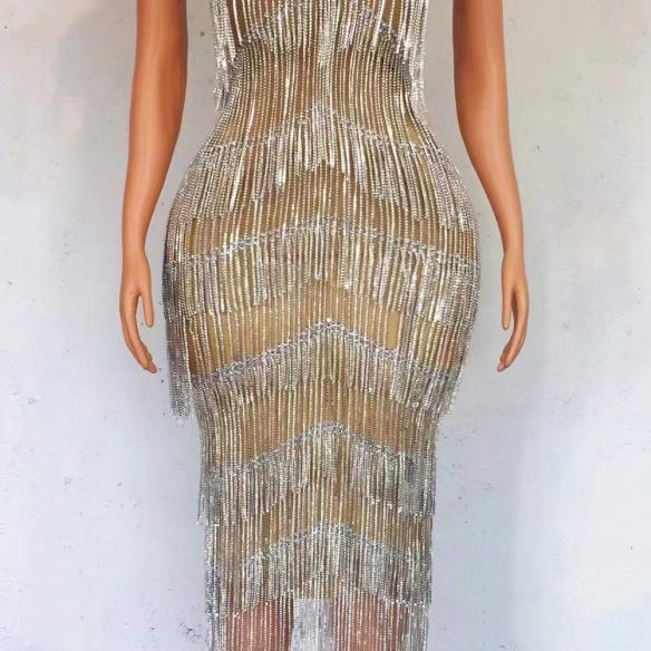 Rhinestone Chain Tassel Dress