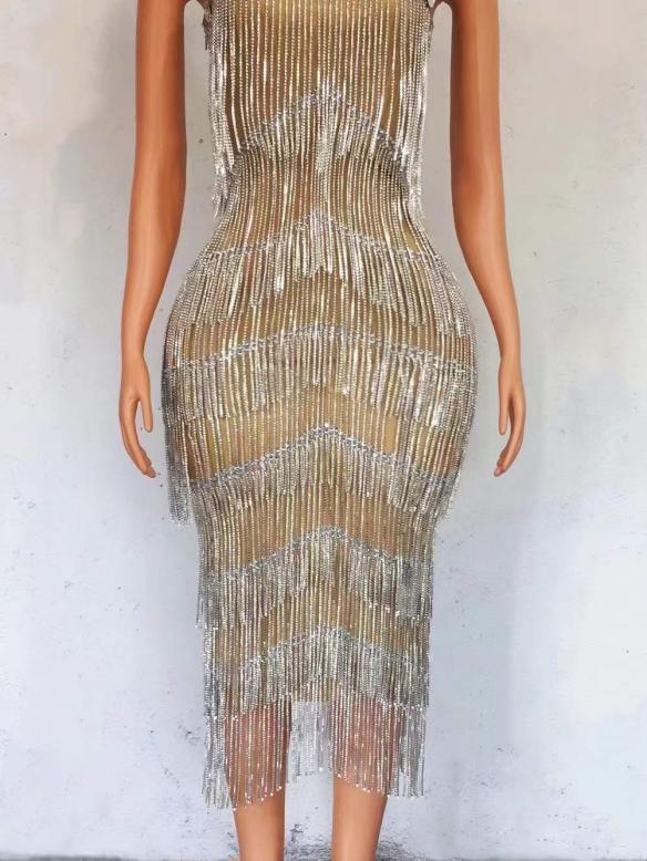 Rhinestone Chain Tassel Dress