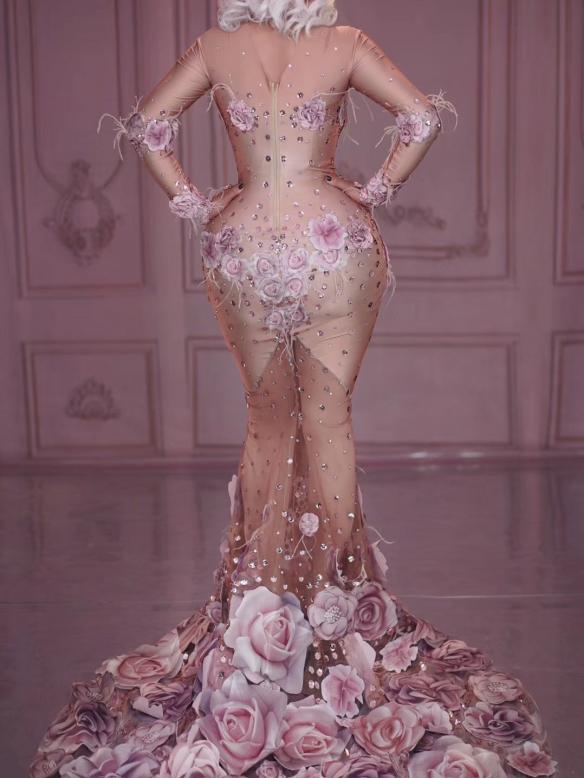 Pink Mesh Flower Rhinestone Fishtail Dress